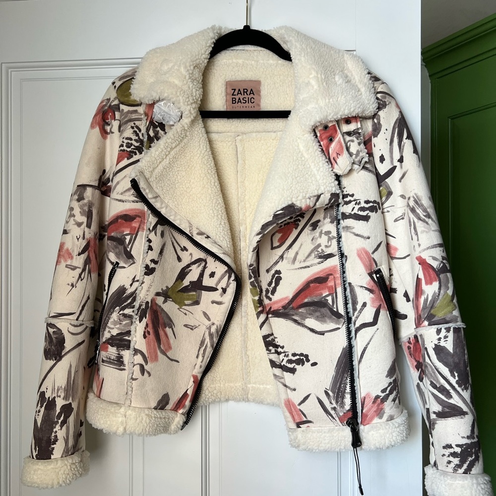 Cream, multi-color jacket with fur inside